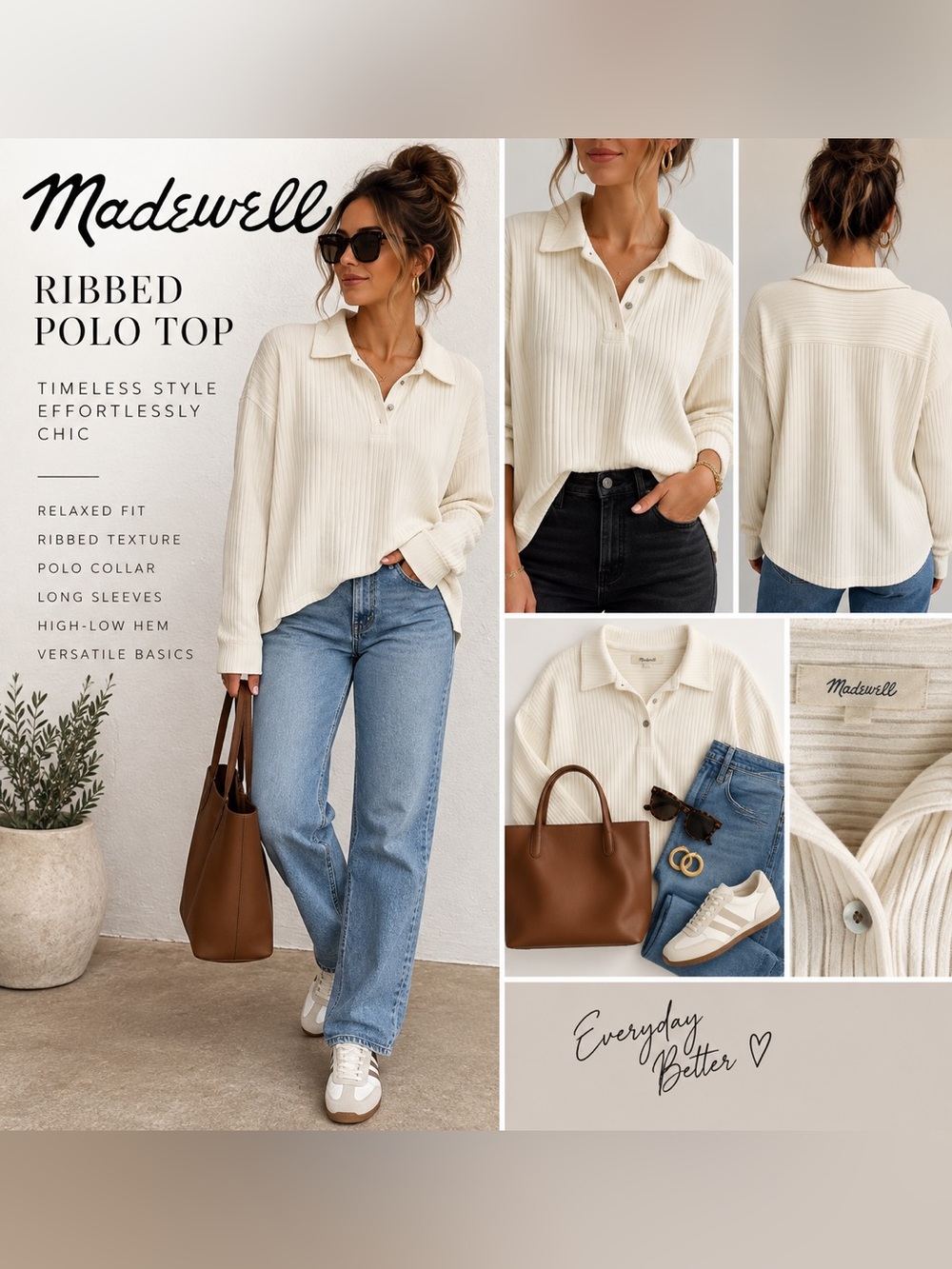Madewell Cream Ribbed Oversized Polo Top Size L